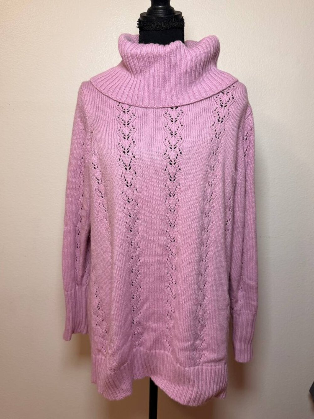 Pink Pointelle Knit Cowl Neck Sweater Tunic Cozy Feminine Style